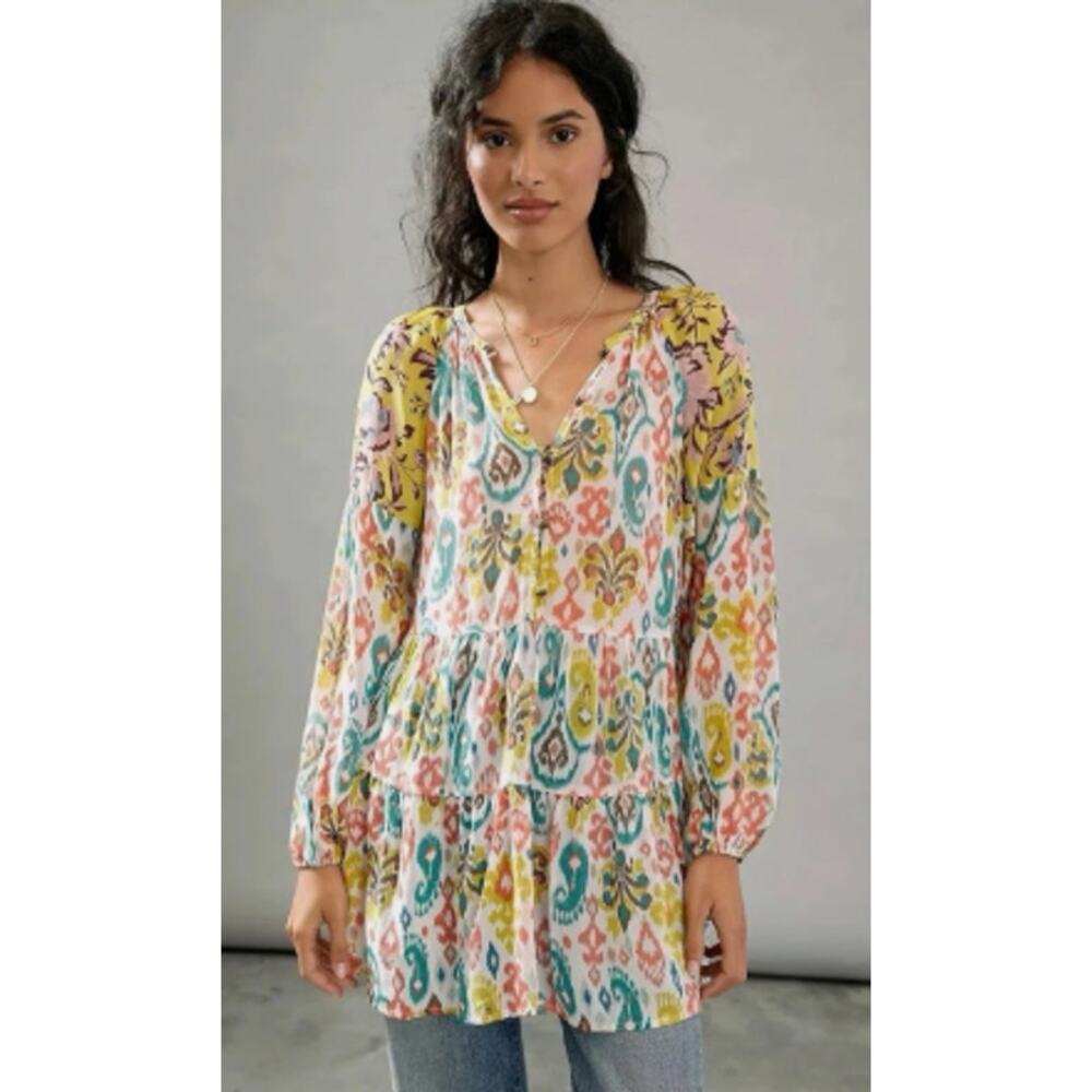 Anthropologie Maureen Boho Floral Tunic Top Womens Medium Peasant Blouse